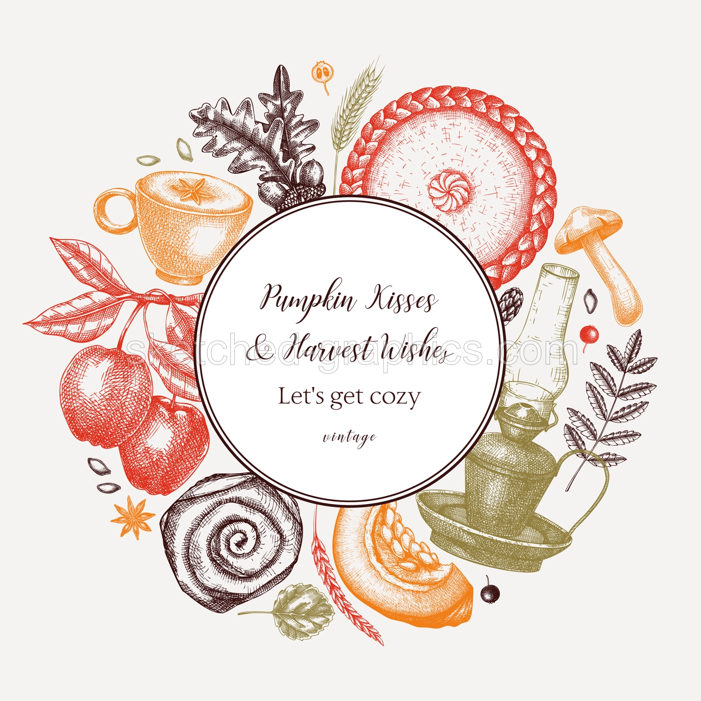 Autumn wreath design template. Hand-drawn vector illustration. Pumpkin, hot drink, fruit, pie, pastry, fall leaves sketches. Fall card or invitation. Thanksgiving background Illustration